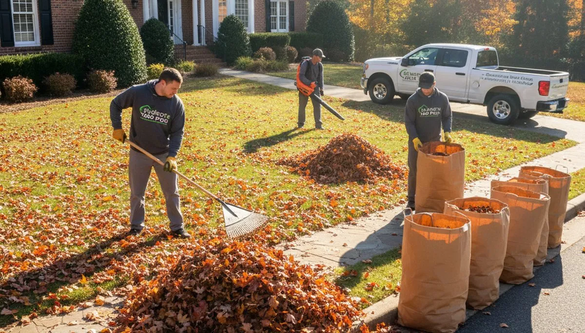 Landscapers collecting and bagging fall leaves during yard clean up in Charlotte, NC residential lawn