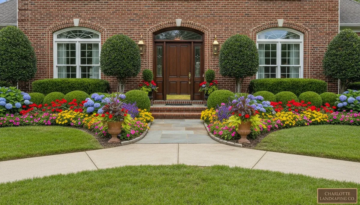 Front yard curb appeal landscaping with colorful flowers and shaped shrubs in Charlotte, NC