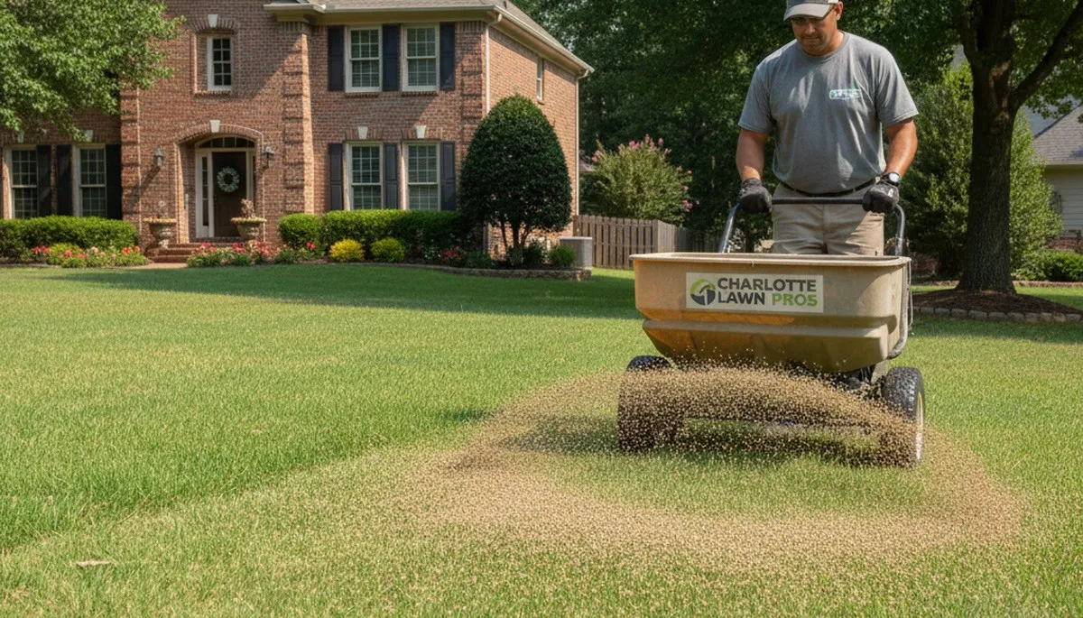 Lawn care technician fertilizing residential turf with spreader in Charlotte, NC for healthy green growth