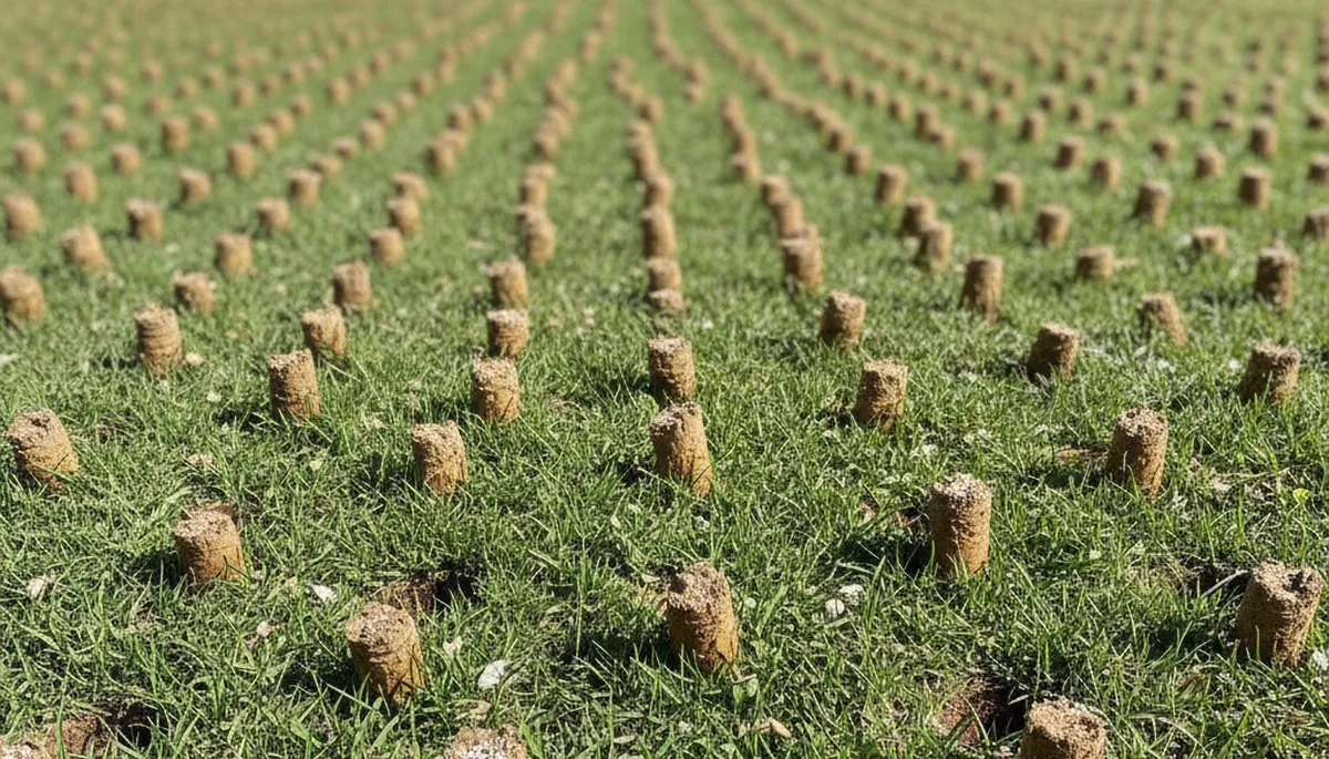 Close-up of soil core plugs after lawn aeration on Charlotte, NC turf by professional landscapers